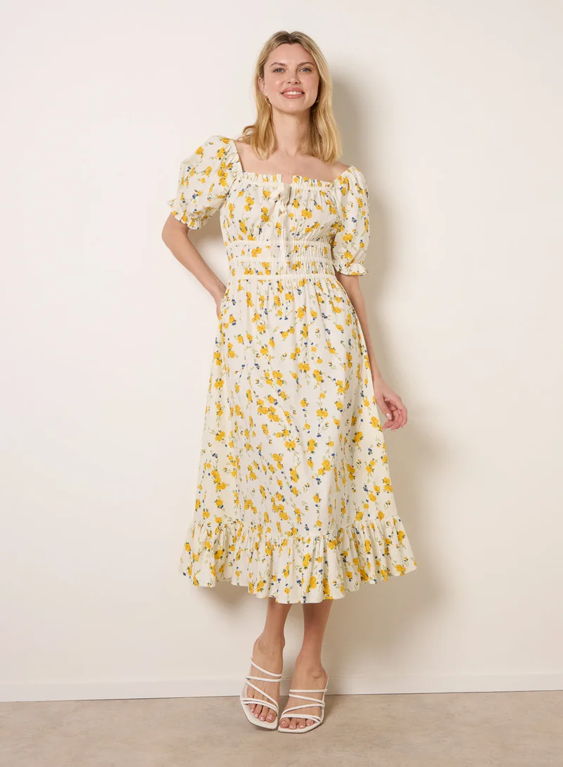 Blue Vanilla Ditsy Floral Poplin Milkmaid Midi Dress
